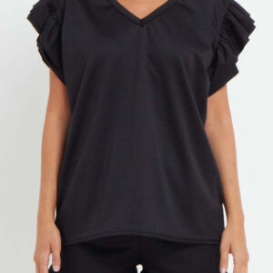 Ladies V Neck Frill Peplum Sleeve Top And Short 2 Piece Tracksuit Set