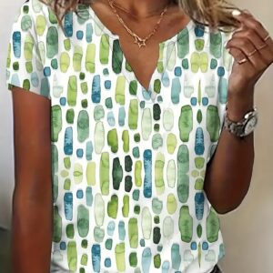 Summer New V-Neck Printed Short Sleeve T-Shirt Loose Casual Top