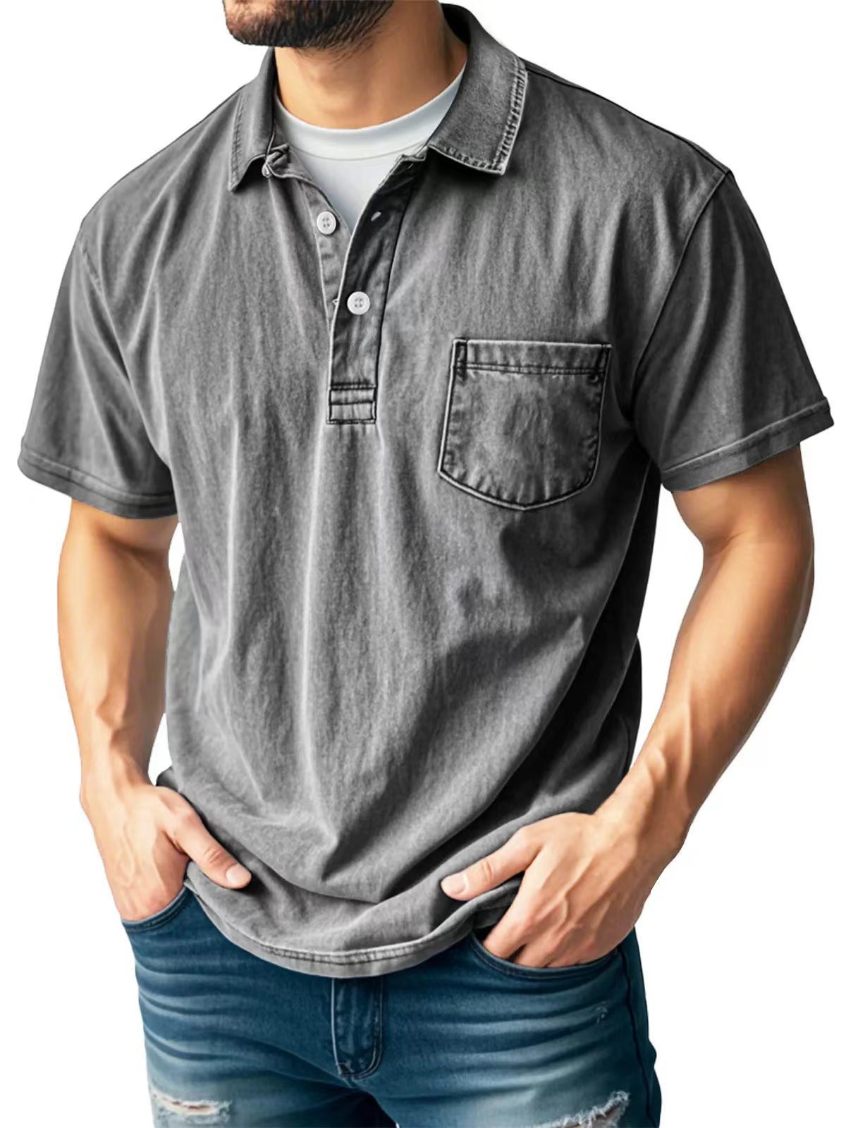 Men's Casual All-matching Short Sleeve Button Lapel Shirt Polo Shirt - Image 6