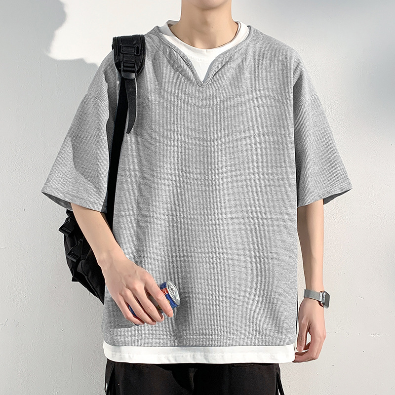 Henry Collar Fake Two Pieces Short Sleeve T-shirt Trendy Men Summer - Image 5