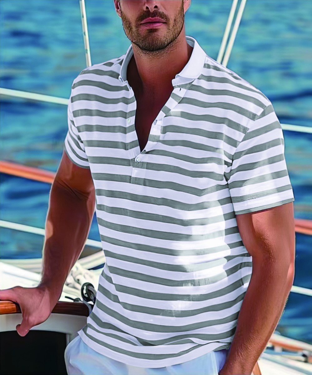 Men's Short-sleeve Polo Shirt Striped Casual Top - Image 7