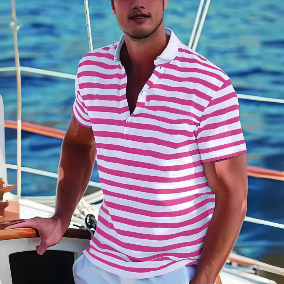 Men's Short-sleeve Polo Shirt Striped Casual Top - Image 8