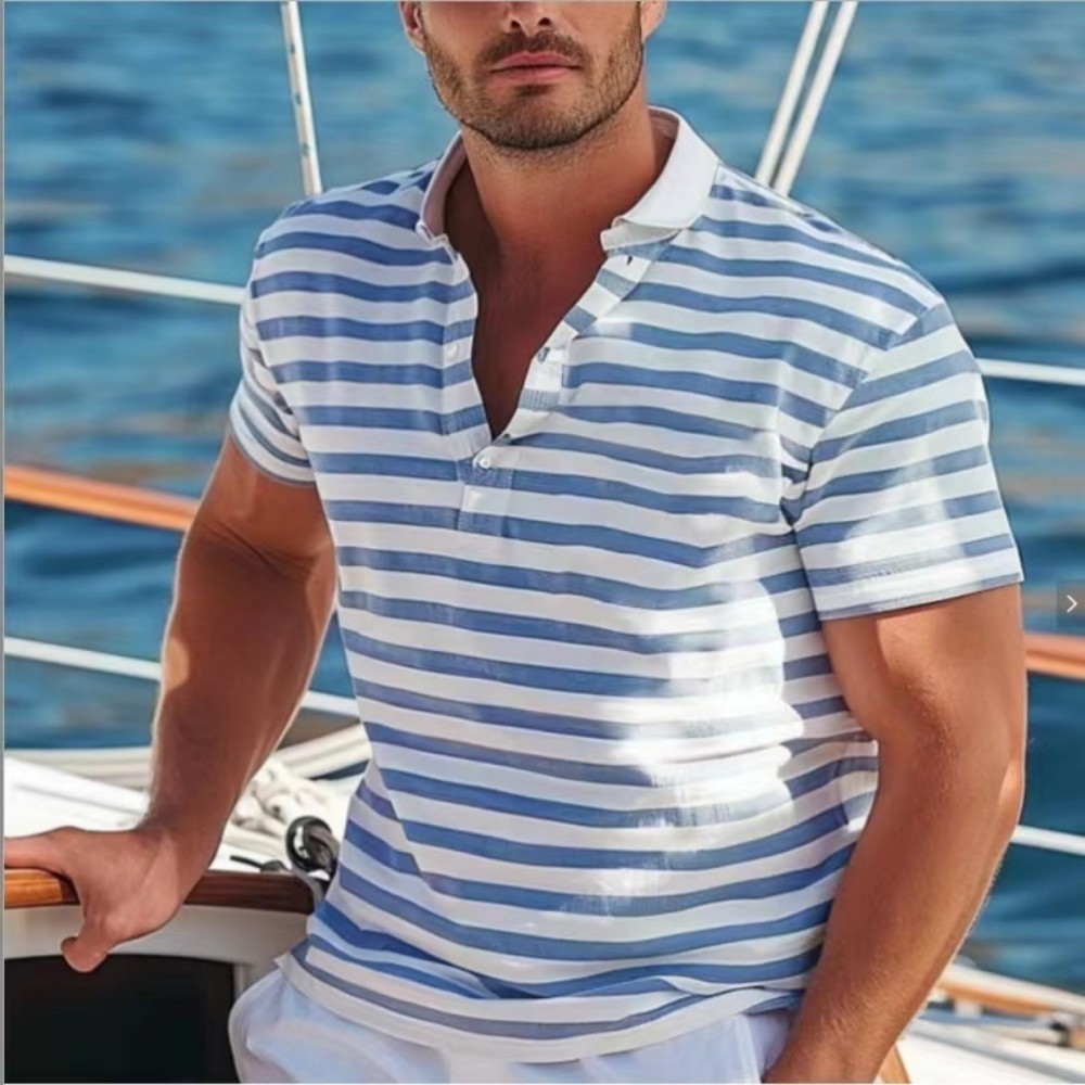 Men's Short-sleeve Polo Shirt Striped Casual Top - Image 5