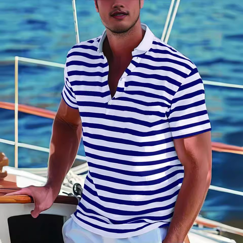 Men's Short-sleeve Polo Shirt Striped Casual Top - Image 3