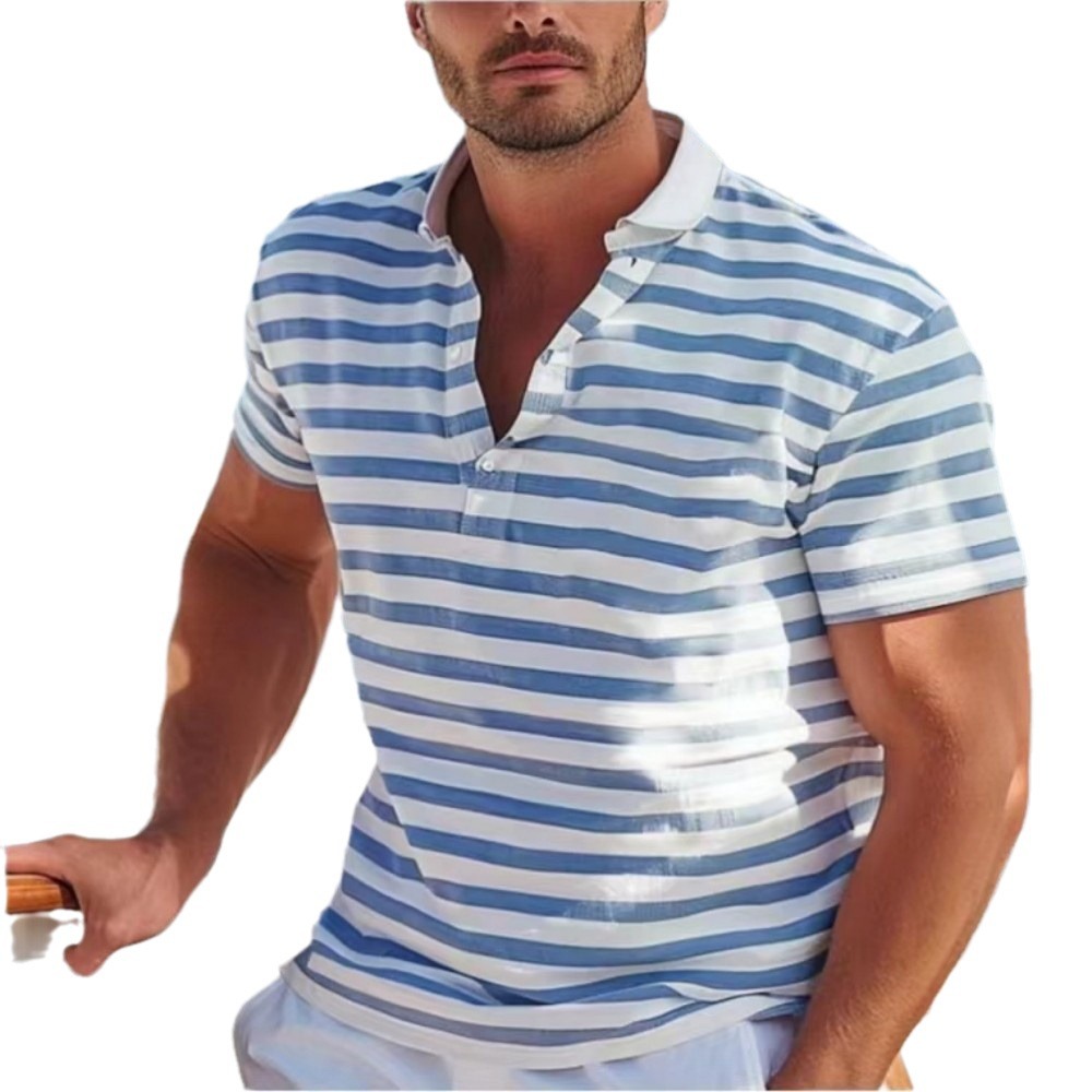 Men's Short-sleeve Polo Shirt Striped Casual Top - Image 4