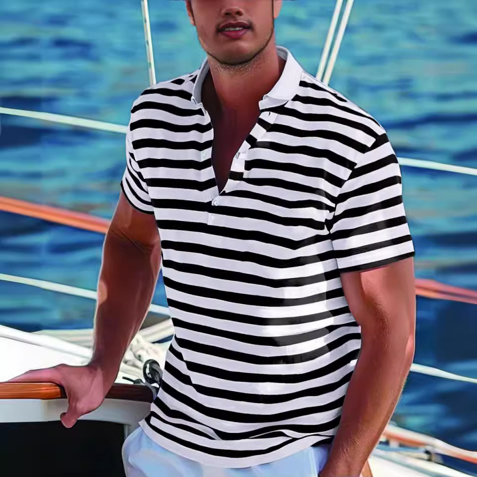 Men's Short-sleeve Polo Shirt Striped Casual Top - Image 2