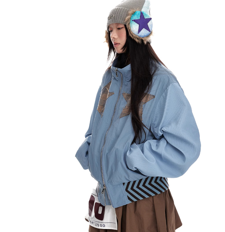 Stand Up Collar Splicing Double Zipper Jacket Women's Versatile Design - Image 3