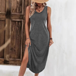 European And American Summer Women's Sleeveless V-neck Slit Mid-length Knitted Dress