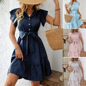 Elegant Polka Dot Ruffle Sleeve A- Line Skirt