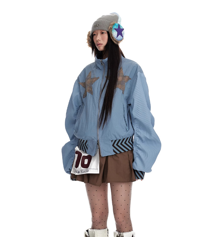 Stand Up Collar Splicing Double Zipper Jacket Women's Versatile Design - Image 5