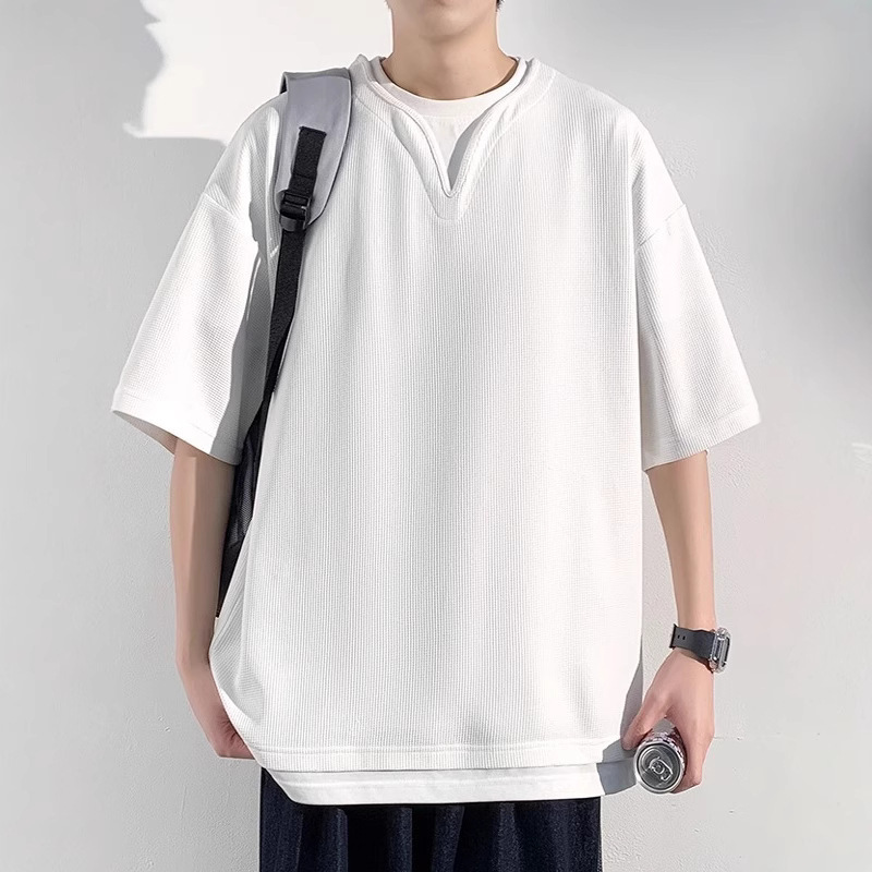 Henry Collar Fake Two Pieces Short Sleeve T-shirt Trendy Men Summer - Image 6